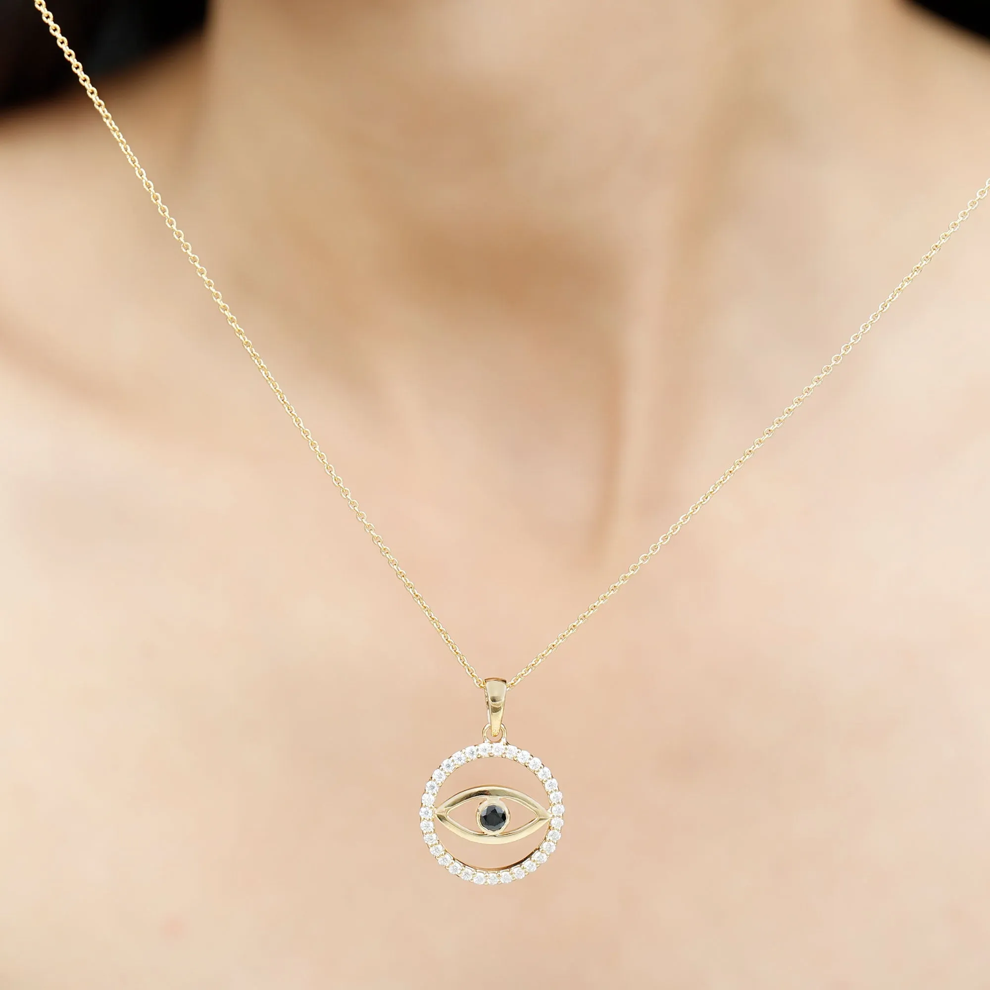 1 CT Black Onyx Evil Eye Pendant with Moissanite Eternity Circle