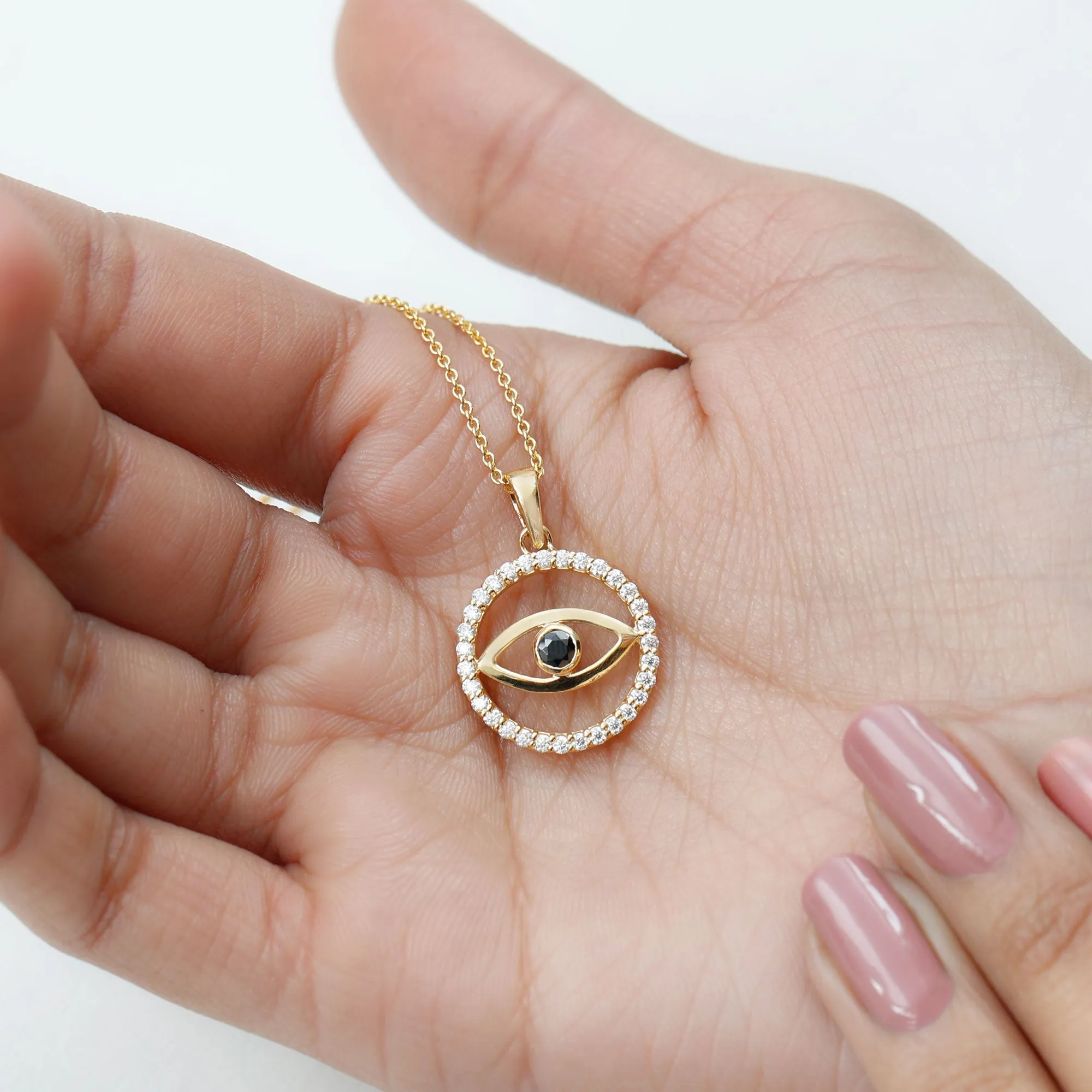 1 CT Black Onyx Evil Eye Pendant with Moissanite Eternity Circle