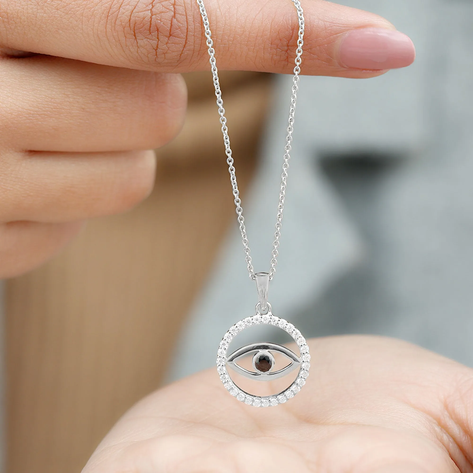 1 CT Black Onyx Evil Eye Pendant with Moissanite Eternity Circle