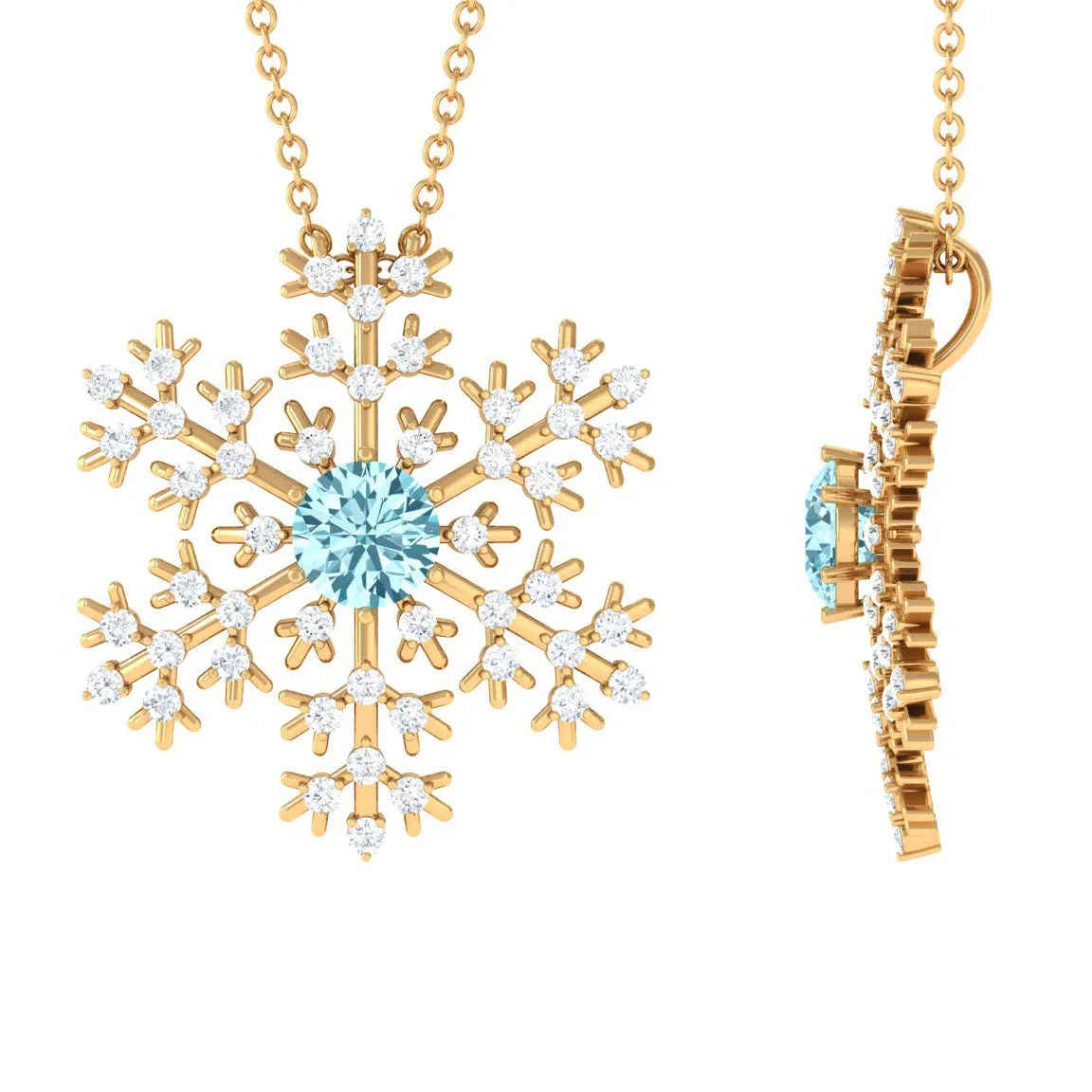 1 CT Snowflake Pendant Necklace with Aquamarine and Diamond