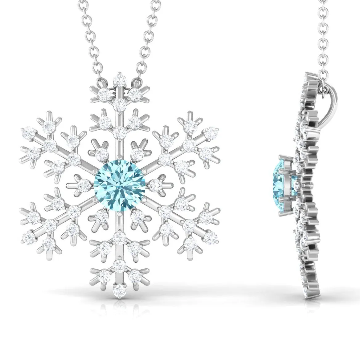 1 CT Snowflake Pendant Necklace with Aquamarine and Diamond