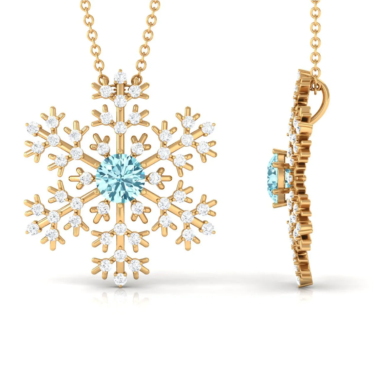 1 CT Snowflake Pendant Necklace with Aquamarine and Diamond