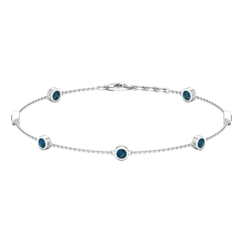 1.25 CT Bezel Set London Blue Topaz Seven Stone Station Chain Bracelet