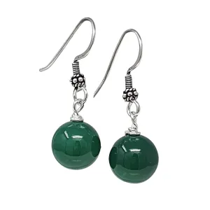 12mm Green Agate Silver Dangle Drop Earrings for Women Ladies and Girls