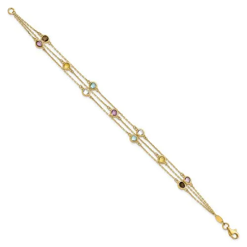 14K Gold 3-strand Multi-gemstone Bracelet
