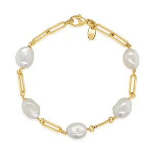 14K Gold & Pearl Station Paperclip Link Bracelet