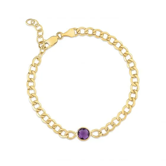 14k Gold Curb Chain Bracelet with Gemstone Center