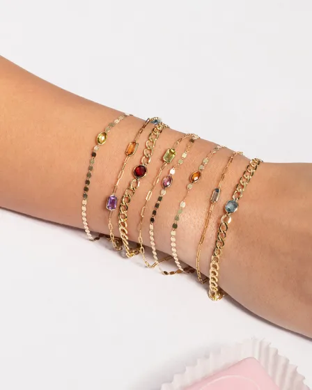 14k Gold Curb Chain Bracelet with Gemstone Center