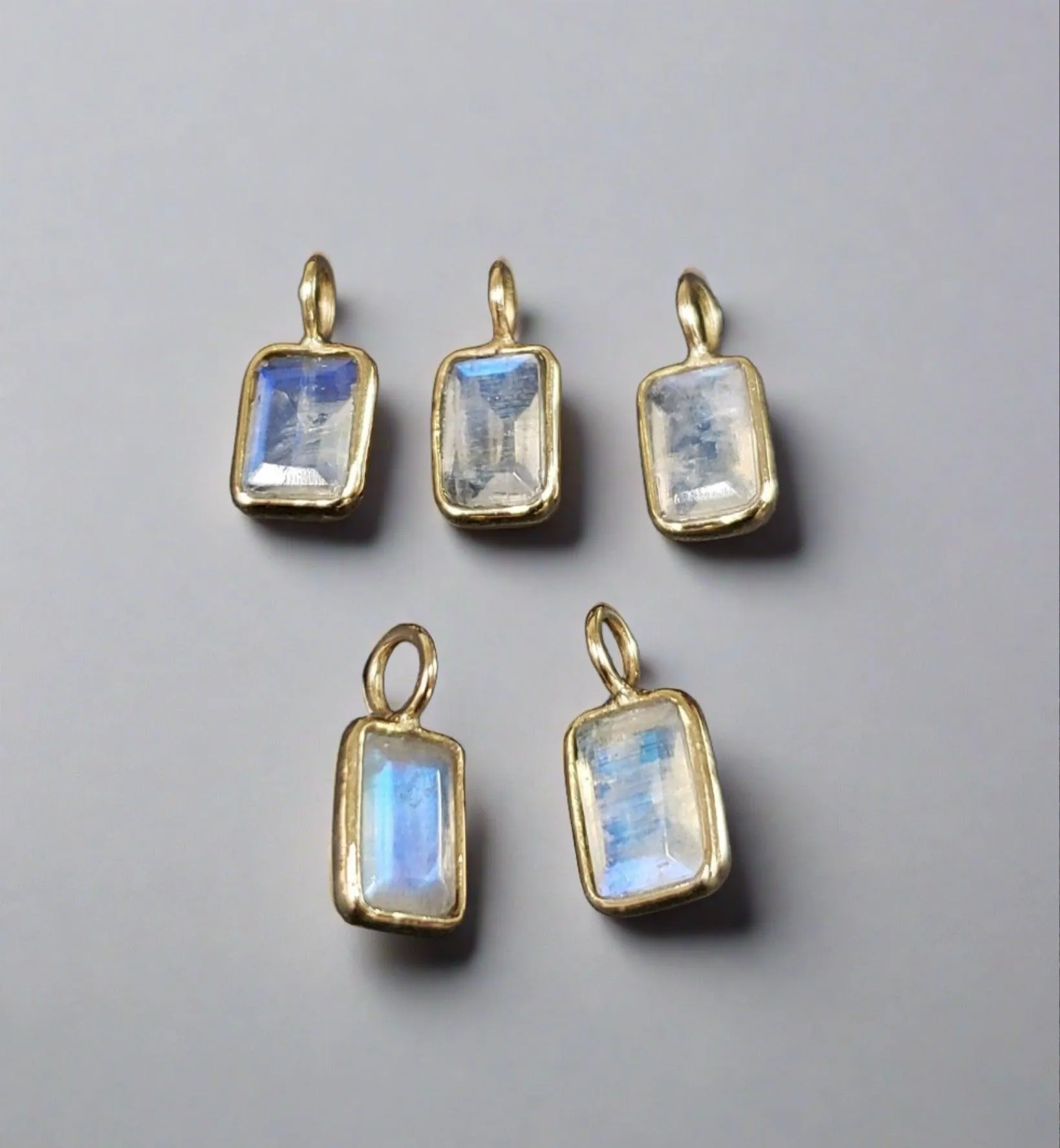 14k Gold Rainbow Moonstone 6 x 4 mm Baguette Charm