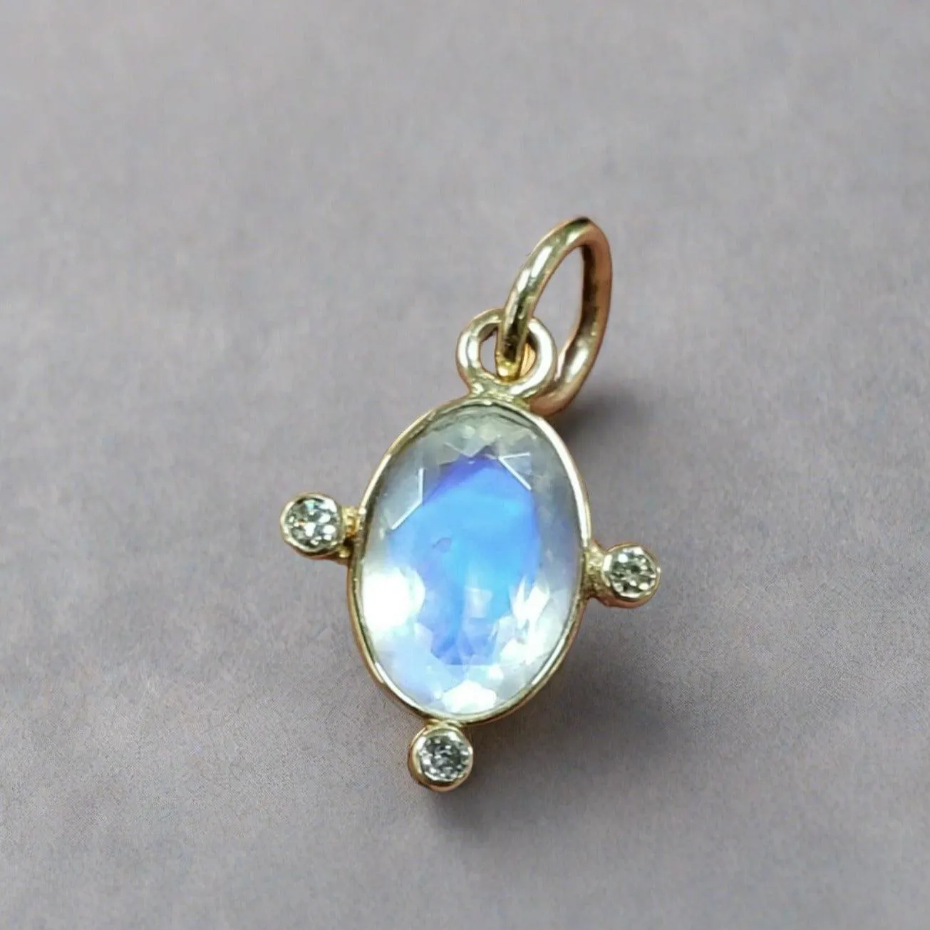 14k Gold Rainbow Moonstone & Diamond Pendant