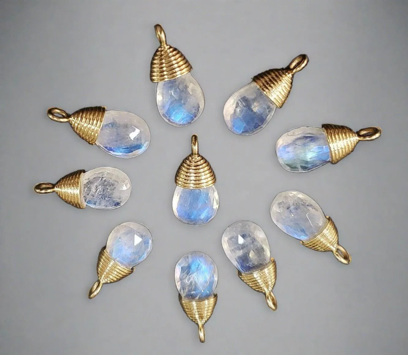 14k Gold Rainbow Moonstone Teardrop Charm Pendant