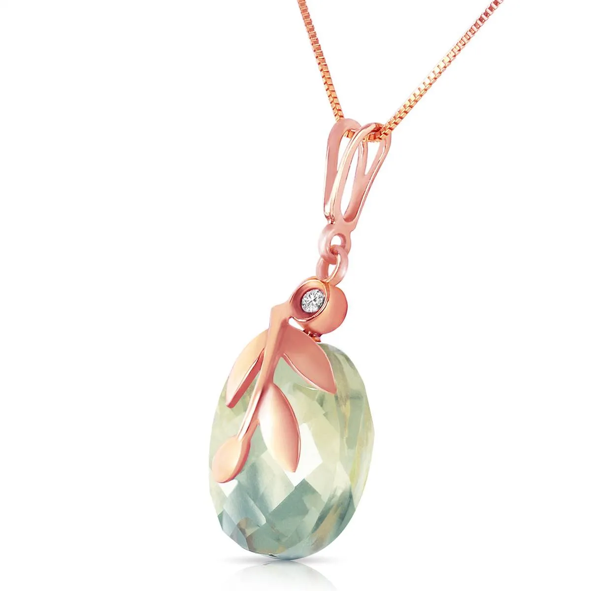 14K Solid Rose Gold Necklace w/ Natural Green Amethyst & Diamond