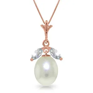 14K Solid Rose Gold Necklace w/ Parl & Aquamarines