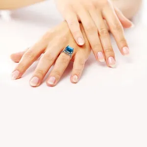 14K Solid White Gold Ring w/ Natural Black Diamonds & Blue Topaz
