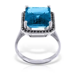 14K Solid White Gold Ring w/ Natural Black Diamonds & Blue Topaz
