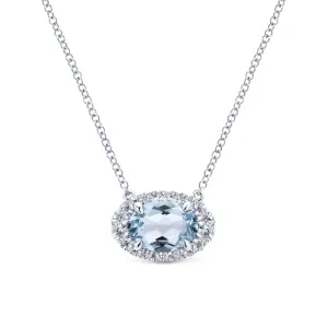 14K White Gold Diamond Oval Halo   Oval Aquamarine Necklace