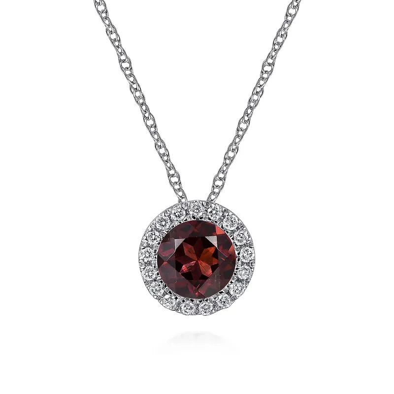 14K White Gold Garnet and Diamond Halo Pendant Necklace