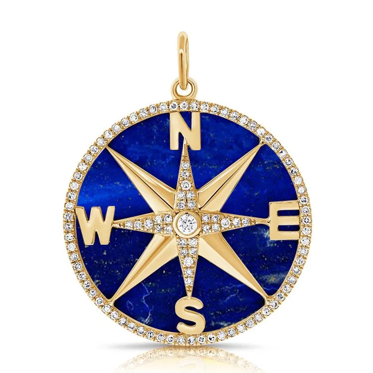 14K Yellow Gold Diamond   Lapis Compass Pendant