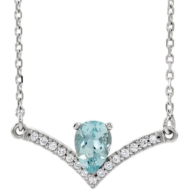 14KT GOLD 0.35 CT AQUAMARINE & .08 CTW DIAMOND "V" BAR NECKLACE