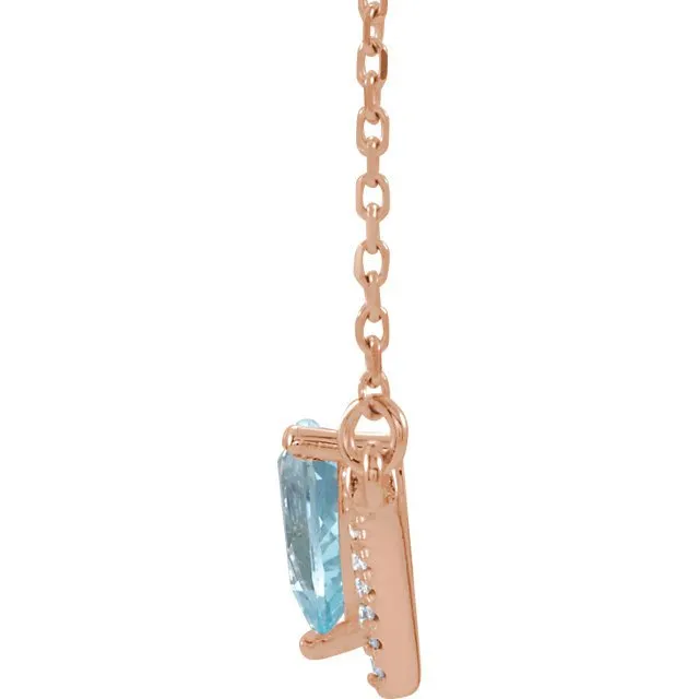 14KT GOLD 0.35 CT AQUAMARINE & .08 CTW DIAMOND "V" BAR NECKLACE