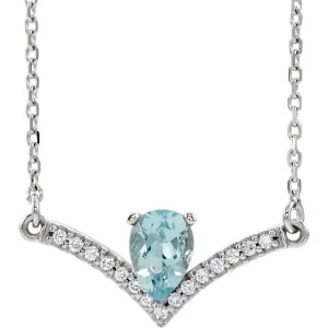 14KT GOLD 0.35 CT AQUAMARINE & .08 CTW DIAMOND "V" BAR NECKLACE