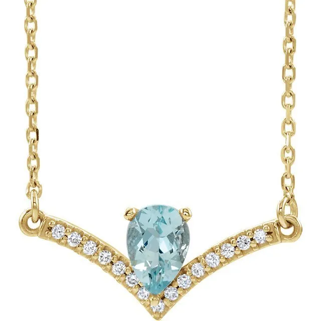 14KT GOLD 0.35 CT AQUAMARINE & .08 CTW DIAMOND "V" BAR NECKLACE