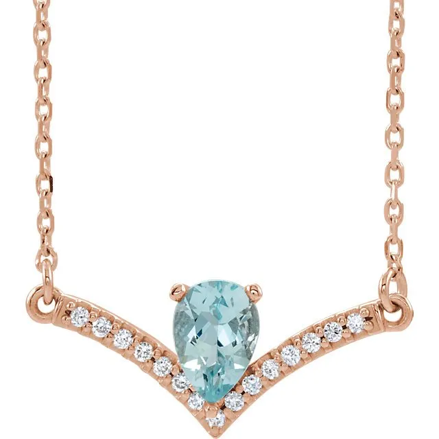 14KT GOLD 0.35 CT AQUAMARINE & .08 CTW DIAMOND "V" BAR NECKLACE