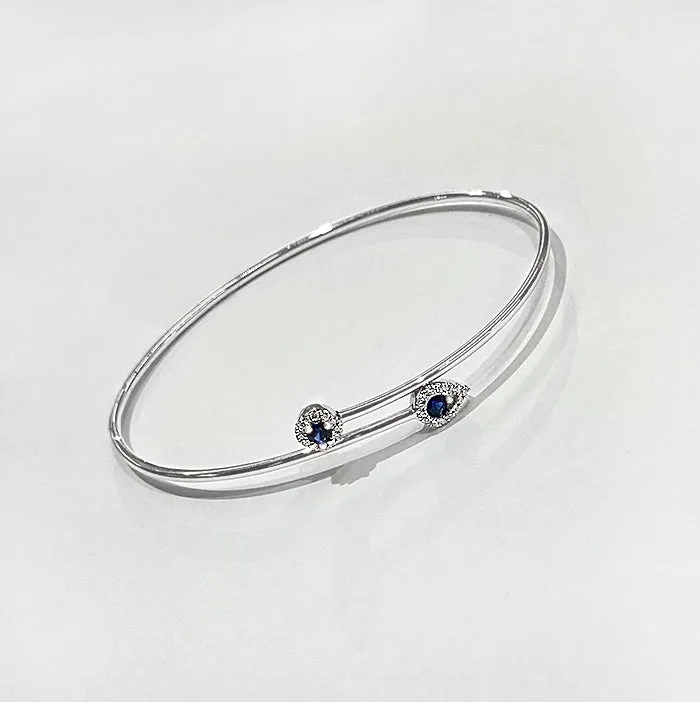 14Kt White Gold Diamond Halo Two Sapphire Dainty Bypass Bracelet
