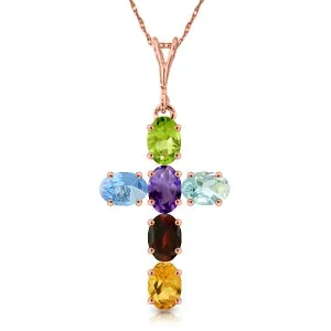 1.5 Carat 14K Solid Rose Gold Cross Necklace Natural Multicolor Gems