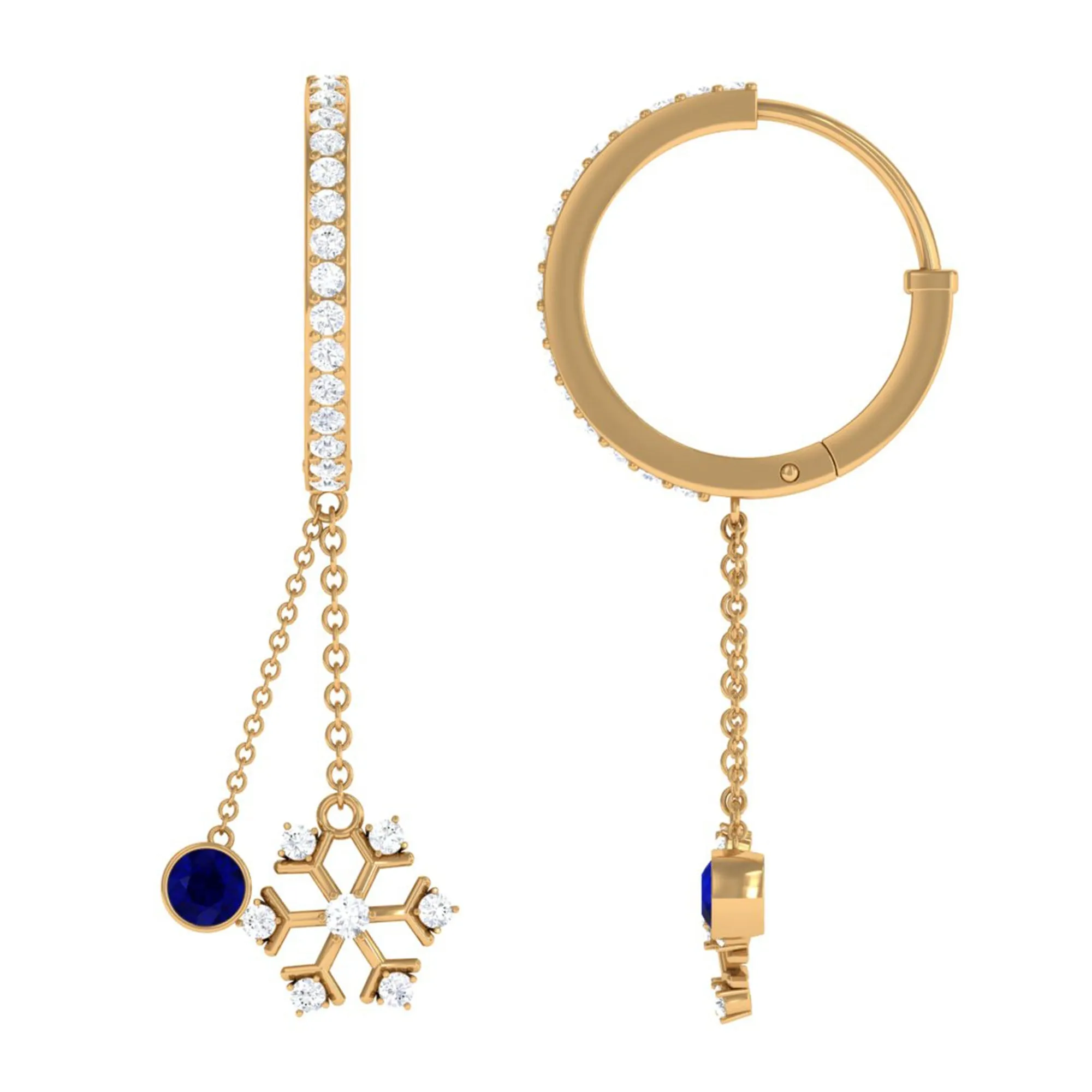 1.5 CT Blue Sapphire Dangle Hoop Earrings with Diamond Snowflake