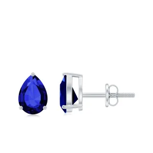 1.5 CT Pear Cut Created Blue Sapphire Solitaire Stud Earrings