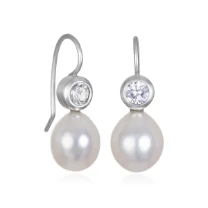 18 Karat White Gold White Sapphire and Freshwater Pearl Drop Earrings