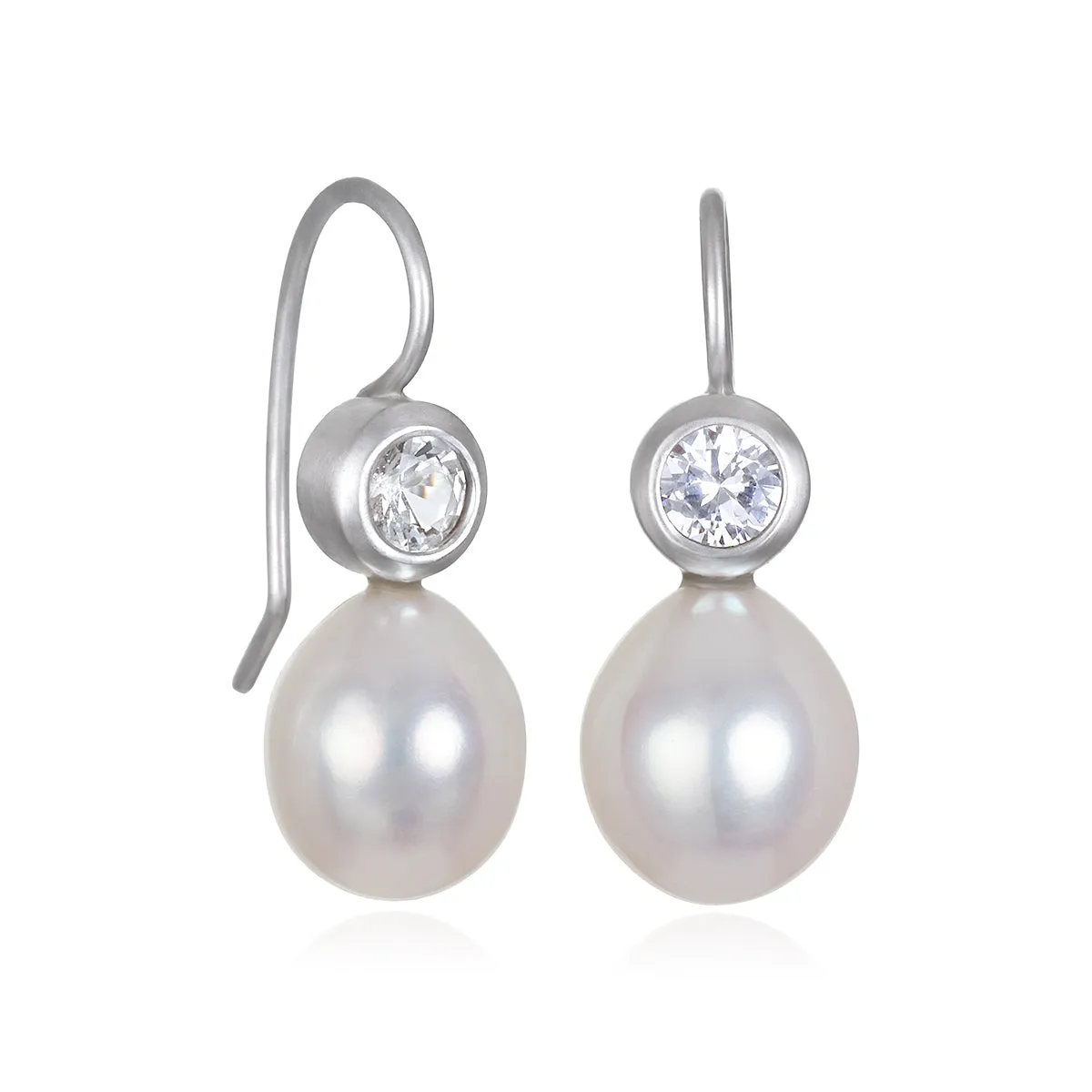 18 Karat White Gold White Sapphire and Freshwater Pearl Drop Earrings