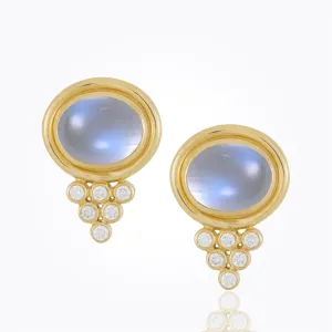 18K Classic Oval Pyramid Earrings with cabochon royal blue moonstone and diamond - 10X8mm