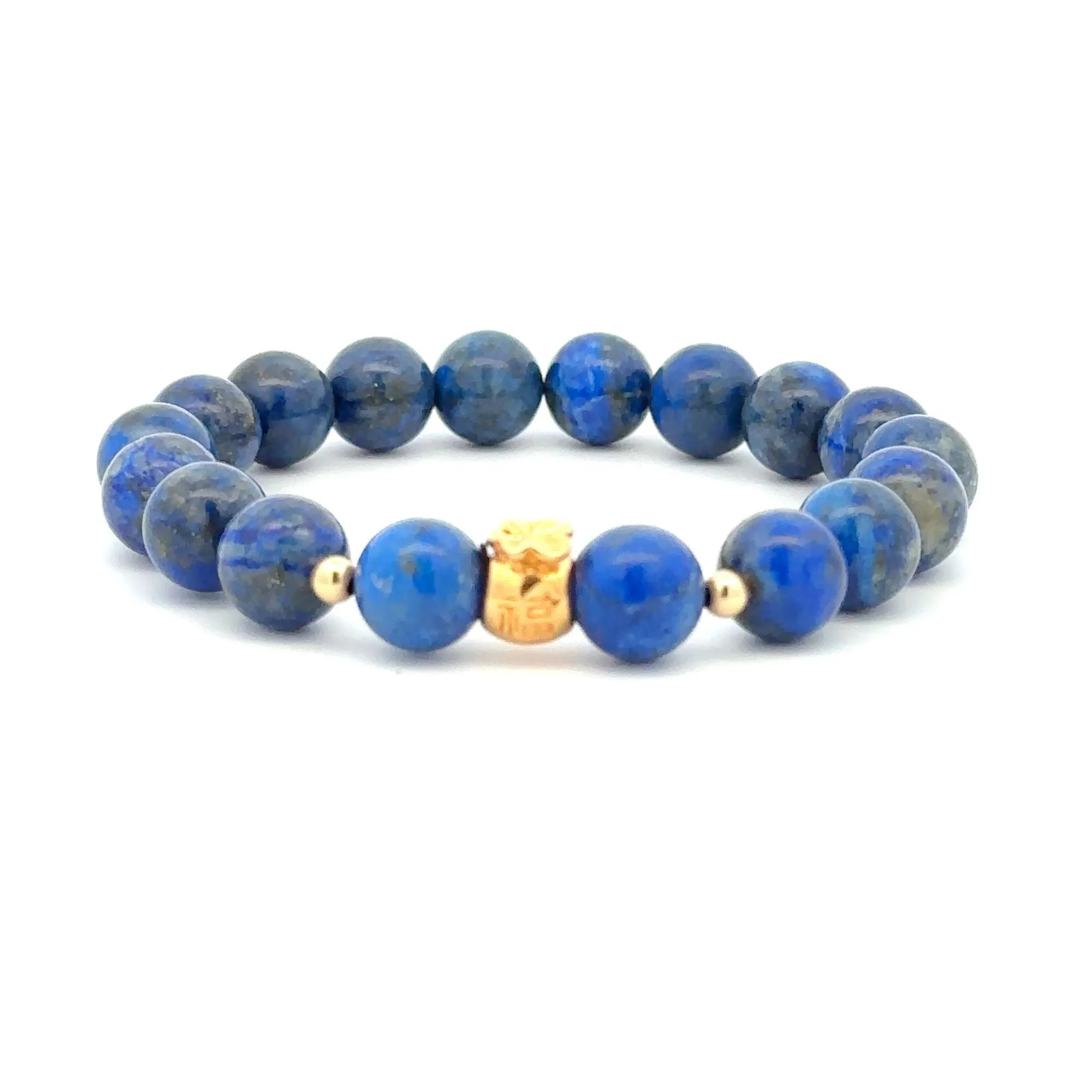 18K Gold Money Bag Lucky Charm Beads Bracelet Gemstones Lapis Lazuli 8mm
