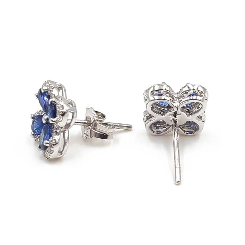 18K White Gold Flower Design Diamond Sapphire Stud Earrings