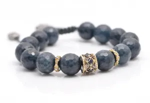 18K Yellow Gold and Grey Sterling Silver Dumoritierite Beaded Pull Bracelet with Mini Scroll and Blue Sapphire Stations (0.42 TCW)