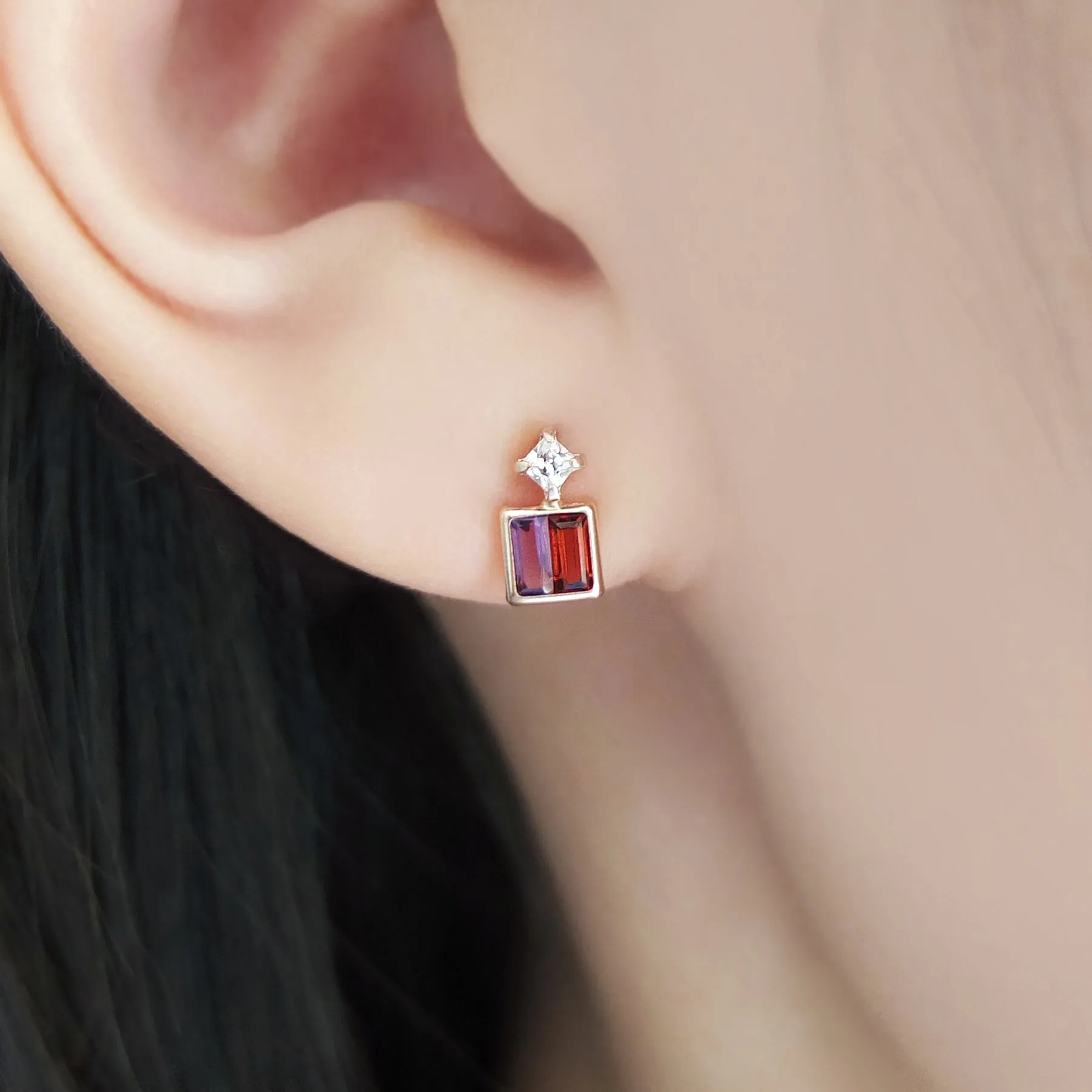 18K/10K Rose Gold Amethyst/Garnet Twin Earrings