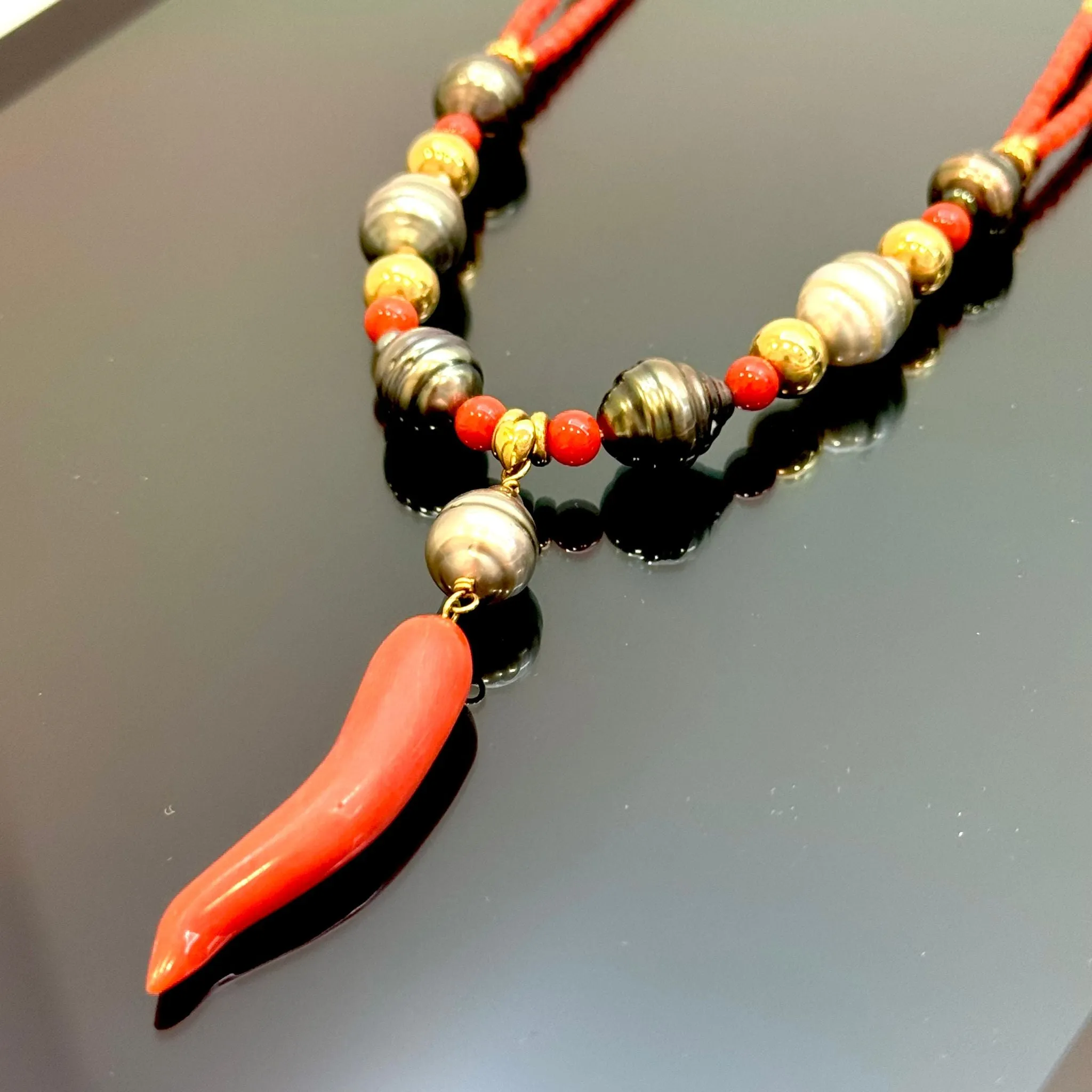 18KYG Coral and South Sea Pearl Necklace