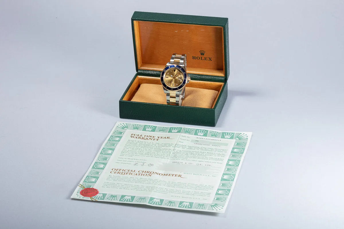 2000 Rolex 18k & Stainless 16613 Champagne Serti Dial Box & Papers