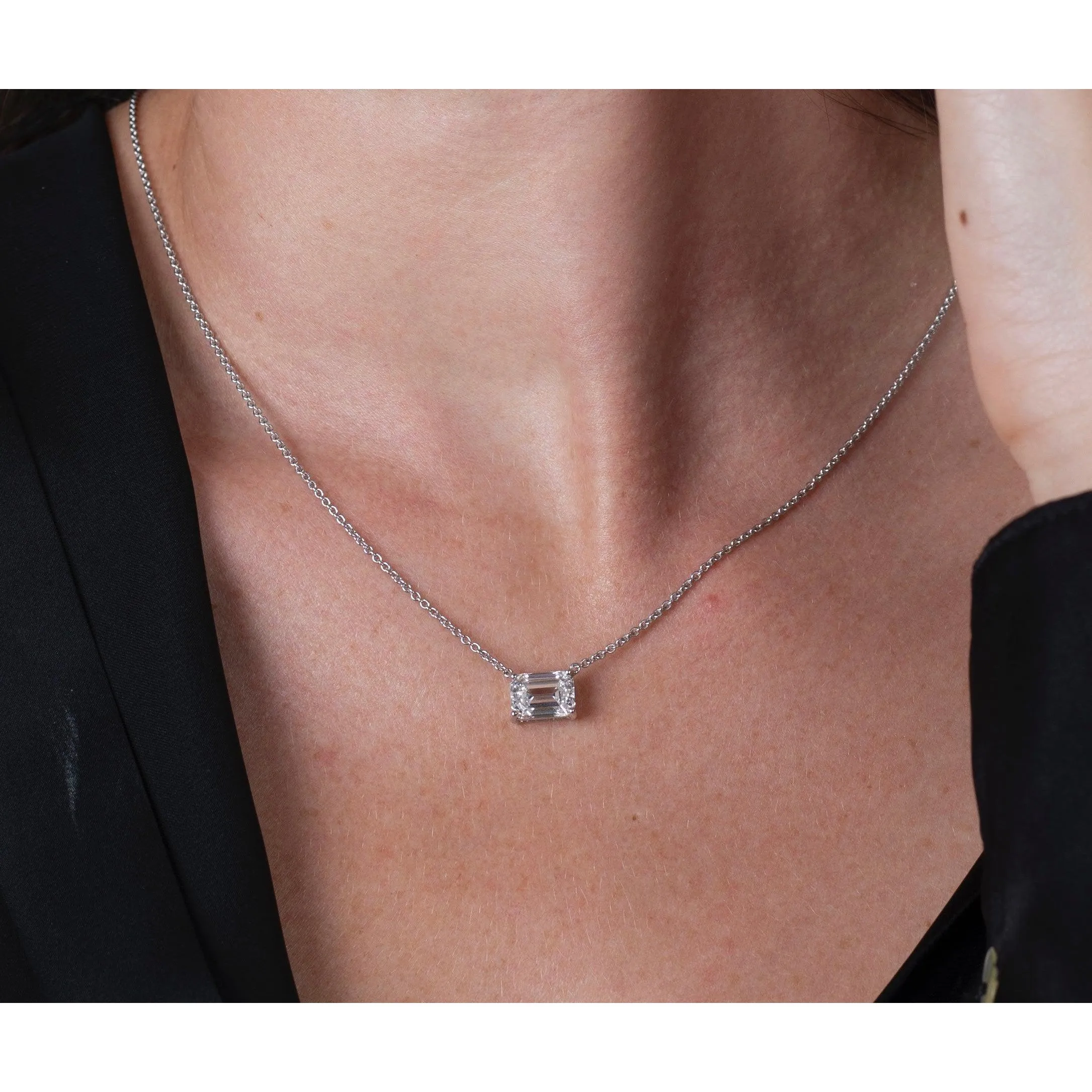 3 Carat Emerald Cut Lab Diamond Solitaire Connecting Necklace in 14K White Gold