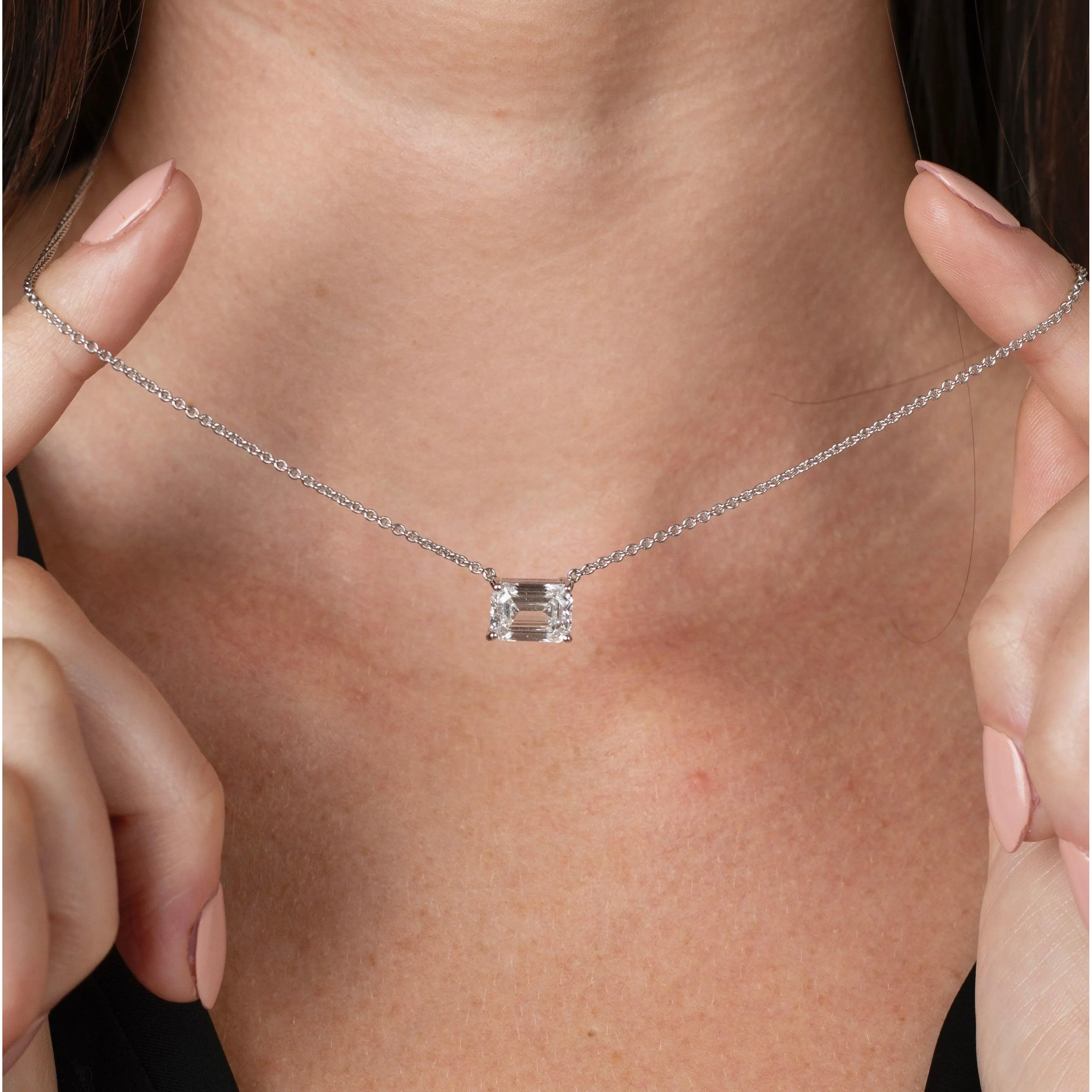 3 Carat Emerald Cut Lab Diamond Solitaire Connecting Necklace in 14K White Gold