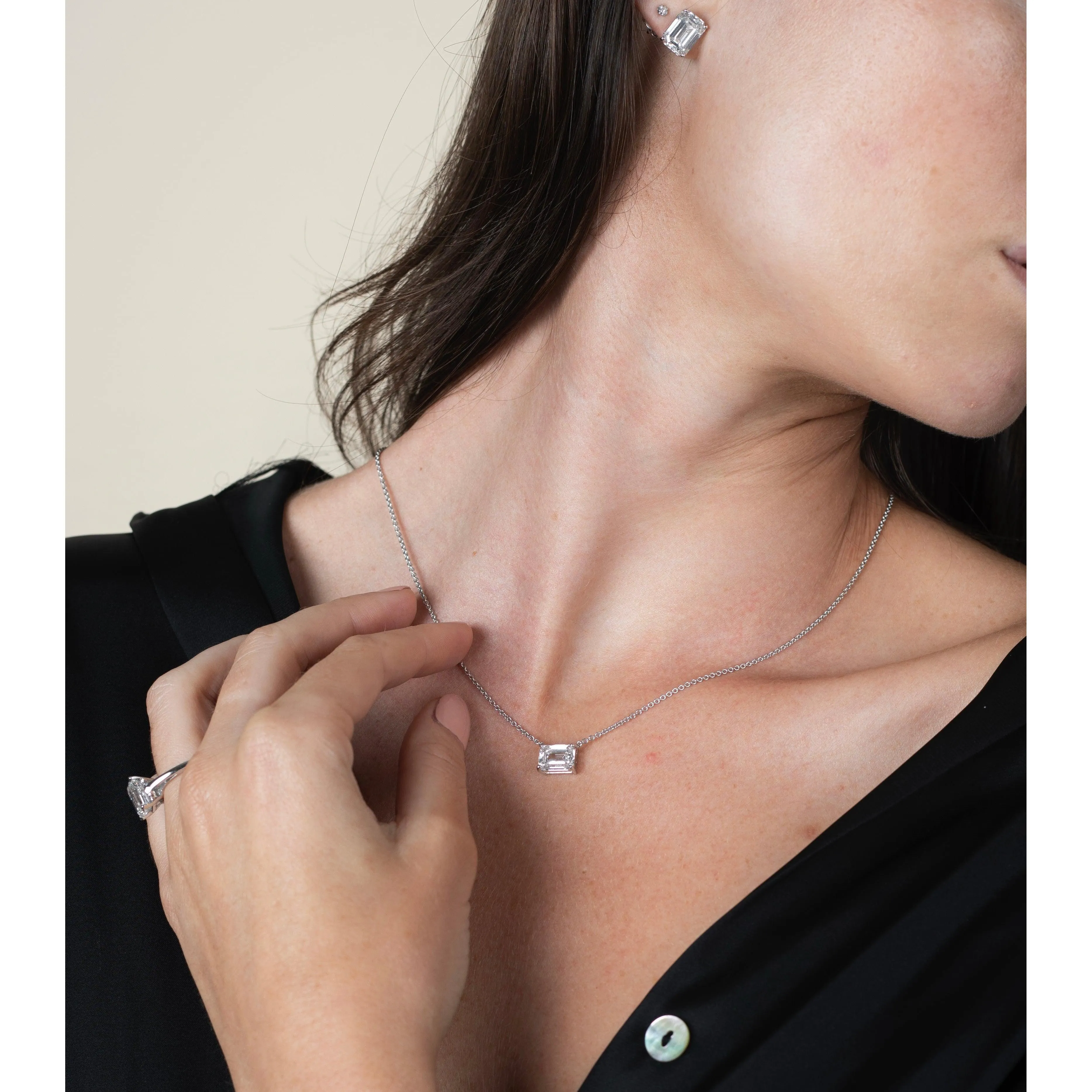 3 Carat Emerald Cut Lab Diamond Solitaire Connecting Necklace in 14K White Gold