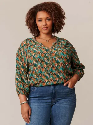 3/4 Sleeve Braided Neck High Low Hem Plus Woven Top