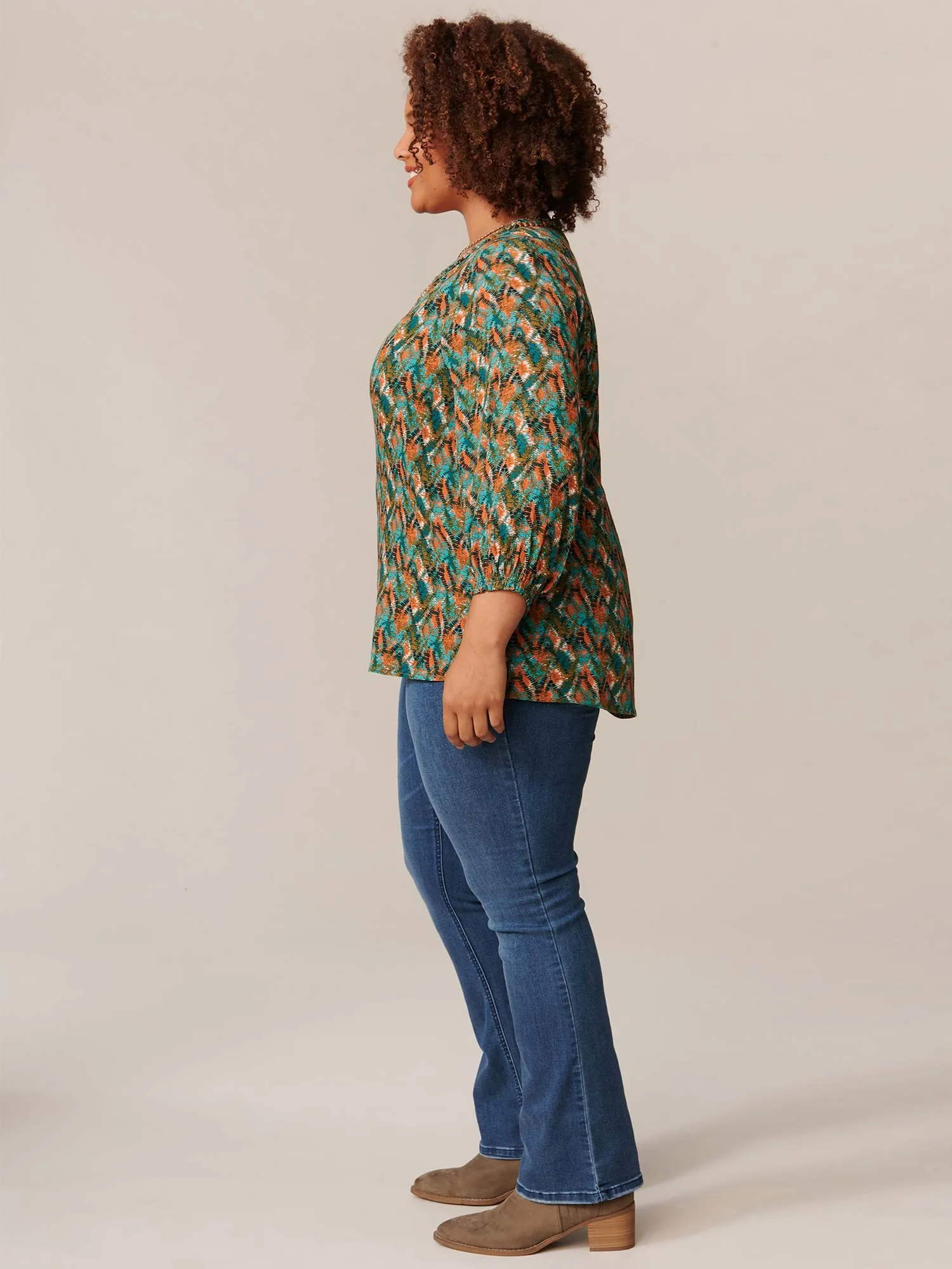 3/4 Sleeve Braided Neck High Low Hem Plus Woven Top