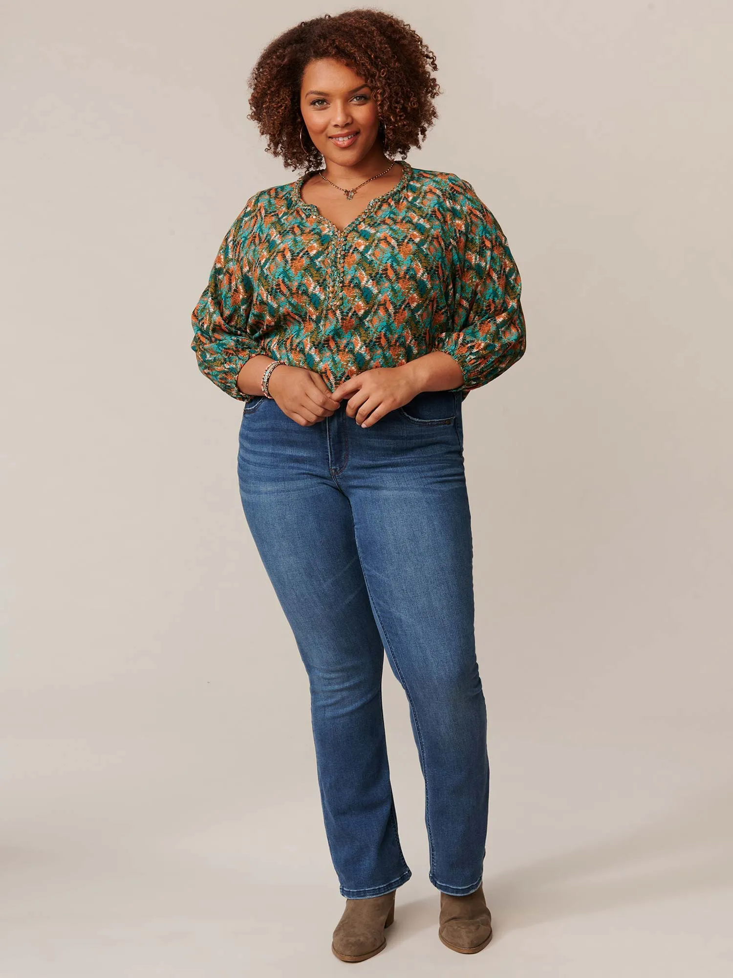 3/4 Sleeve Braided Neck High Low Hem Plus Woven Top