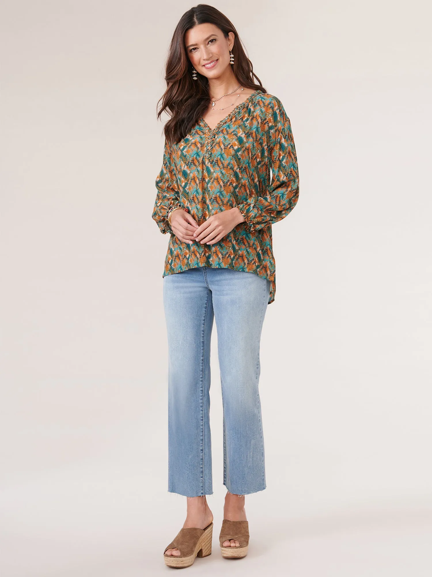 3/4 Sleeve Braided Neck High Low Hem Textured Woven Top