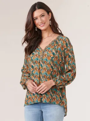 3/4 Sleeve Braided Neck High Low Hem Textured Woven Top