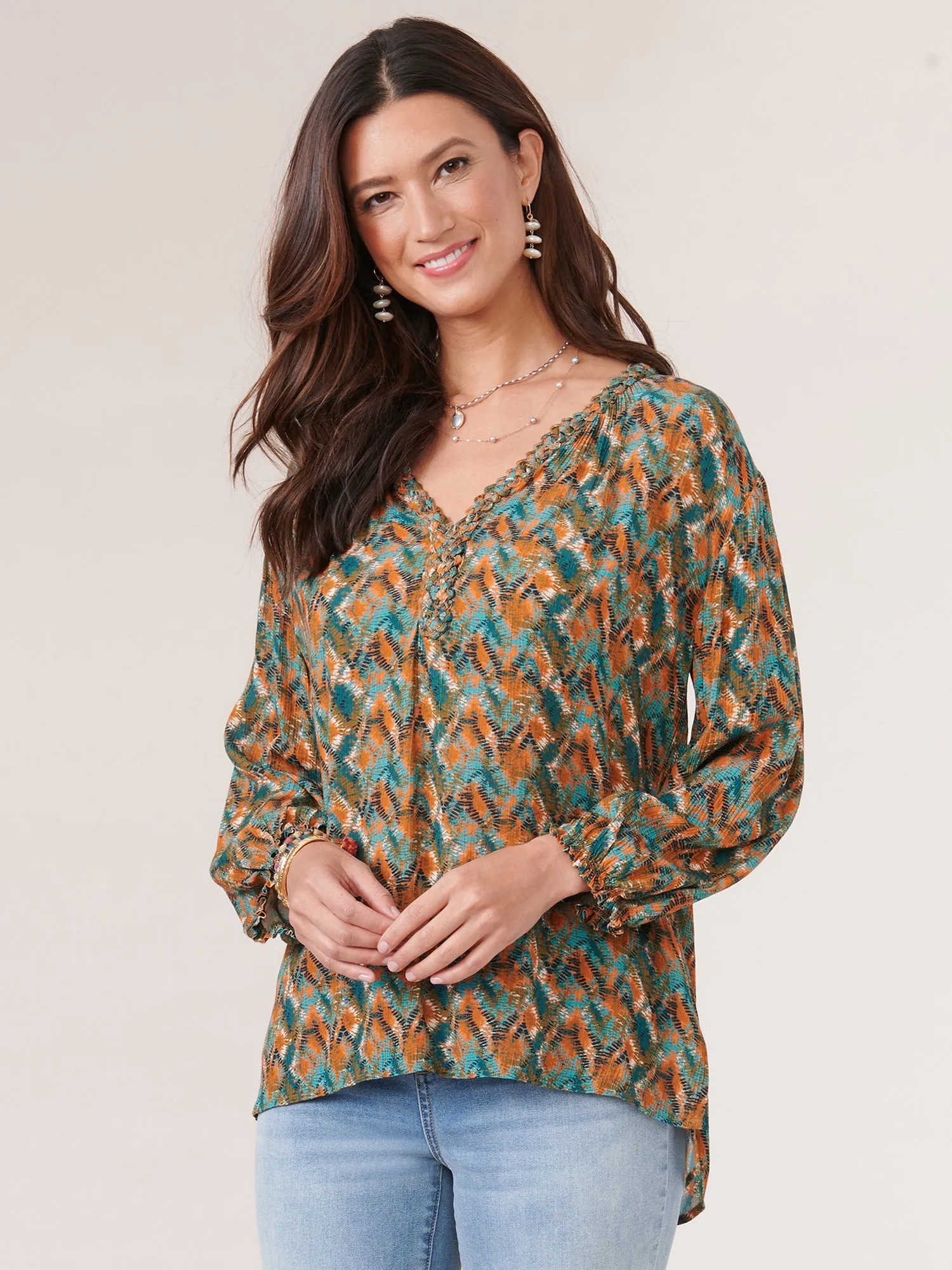 3/4 Sleeve Braided Neck High Low Hem Textured Woven Top