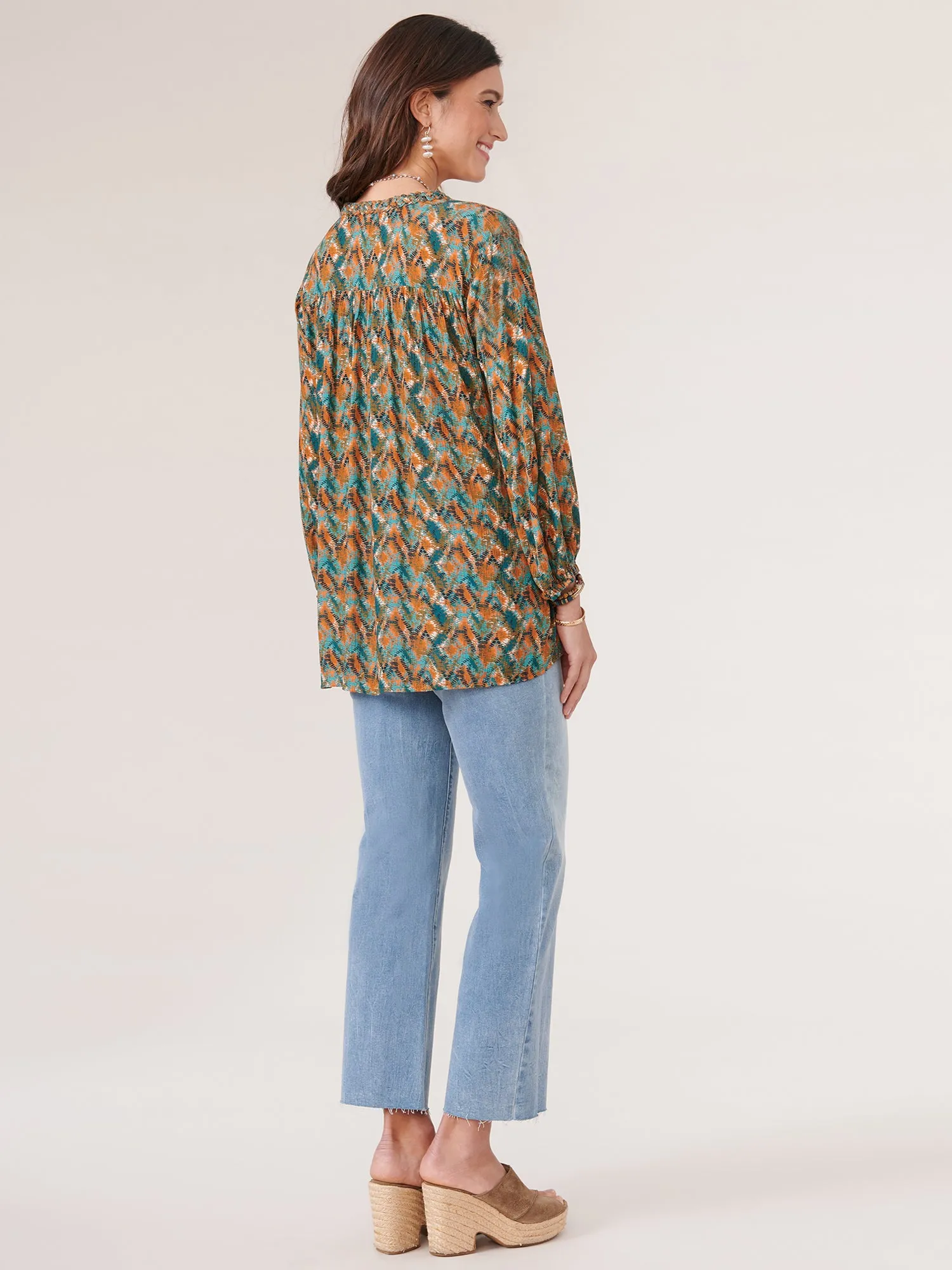 3/4 Sleeve Braided Neck High Low Hem Textured Woven Top
